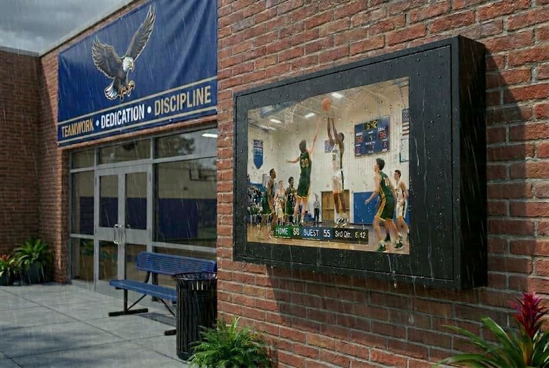 A TV enclosure installed on a brick wall in a school gym