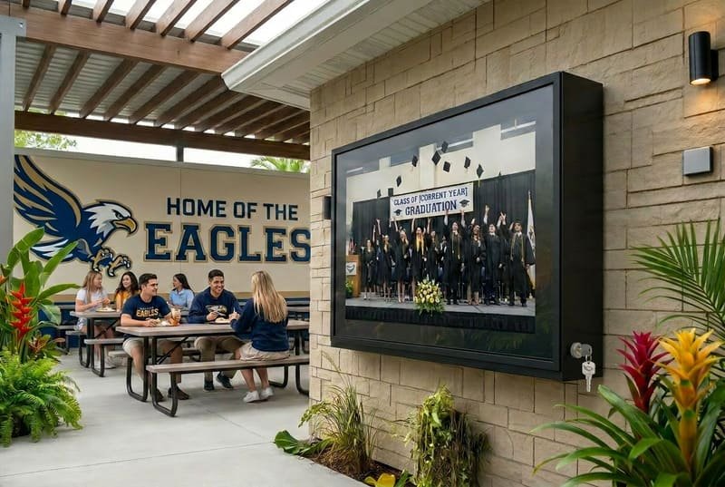 A weatherproof outdoor TV enclosure installed on a school courtyard wall for campus display