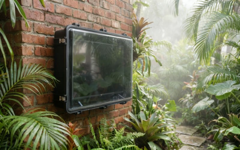 An outdoor TV enclosure mounted on a brick wall in a humid, green backyard setting]