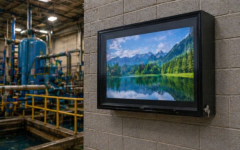 Black PC TV enclosure in an industrial factory environment