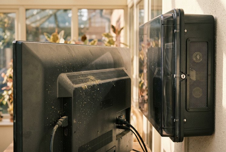 Close-up of TV vents showing dust buildup