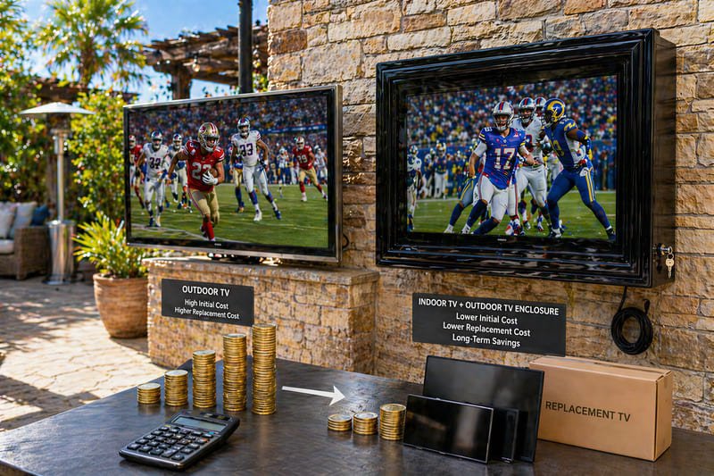 Indoor TV with outdoor TV enclosure showing lower total cost of ownership over time