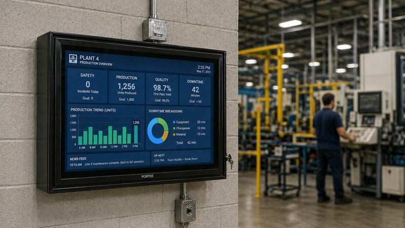 IP65 outdoor TV enclosure protecting a factory display from dust and moisture