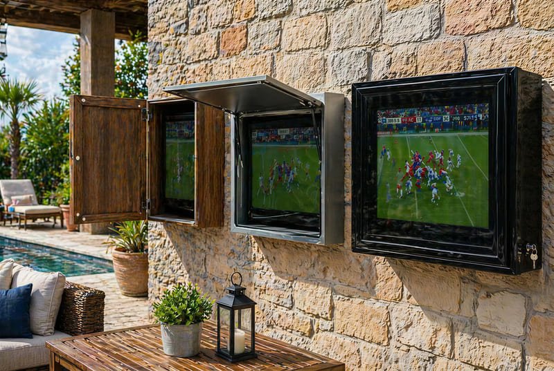 Outdoor TV enclosure material comparison showing wood, metal, and black polycarbonate enclosure options