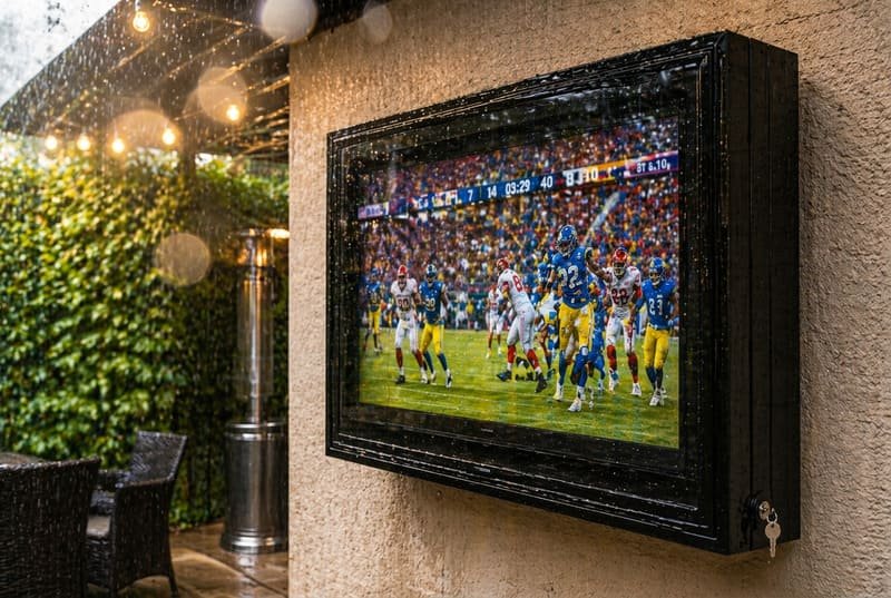 Outdoor TV enclosure protecting a TV from rain, dust, sunlight, and outdoor moisture