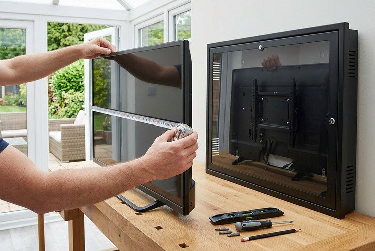 Person measuring a TV before buying an enclosure