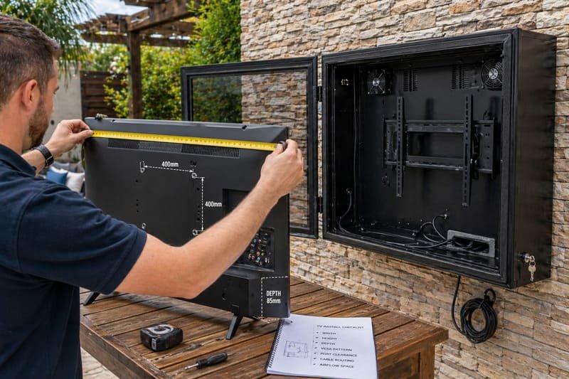 Person measuring TV depth and VESA pattern before installing it in an outdoor TV enclosure