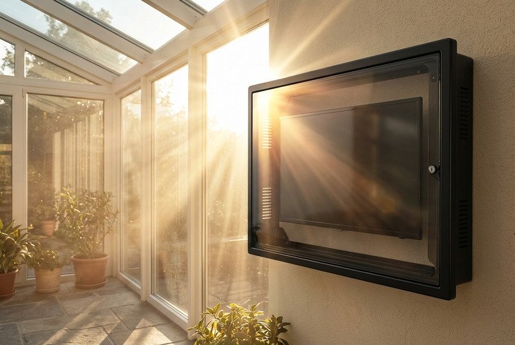 Sunlight streaming into a sunroom hitting a TV