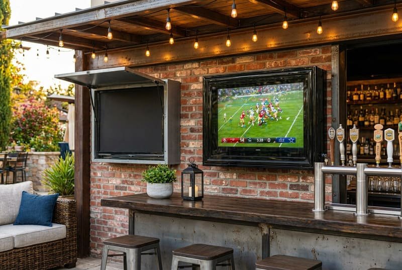 Transparent front outdoor TV enclosure compared with a solid flip-up TV cover design