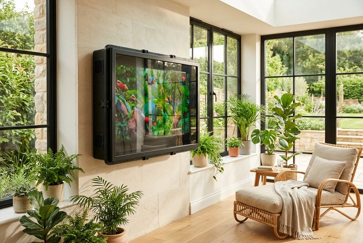 TV in a bright sunroom with an enclosure