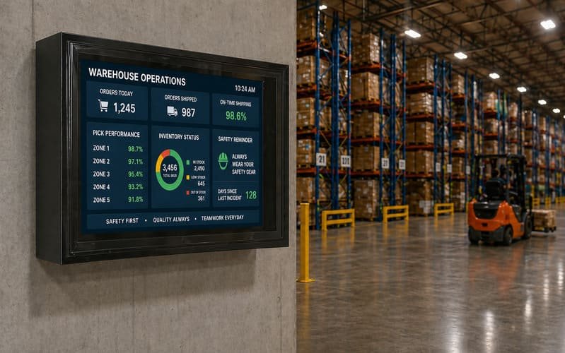 Warehouse logistics display protected inside a IP65 outdoor TV enclosure