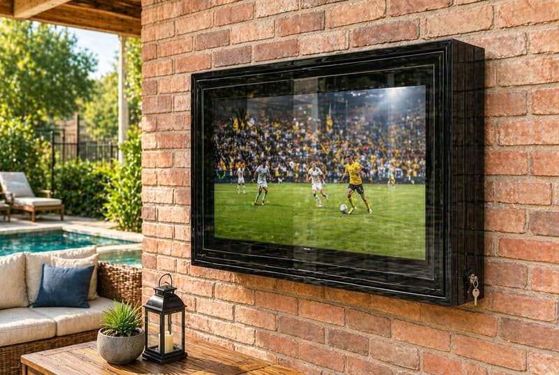 Weatherproof outdoor TV enclosure mounted on a brick wall for patio TV protection