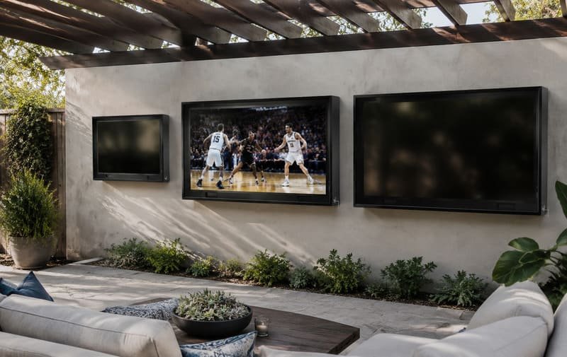 43-Zoll-, 55-Zoll- und 65-Zoll-Außen-TV-Gehäuse im Vergleich zu Terrassenwänden im Hinterhof