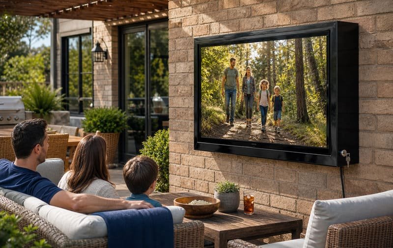 55-Zoll-Außen-TV-Gehäuse aus schwarzem Polycarbonat, installiert an einer Hinterhof-Terrassenwand für einen Familienfilmabend