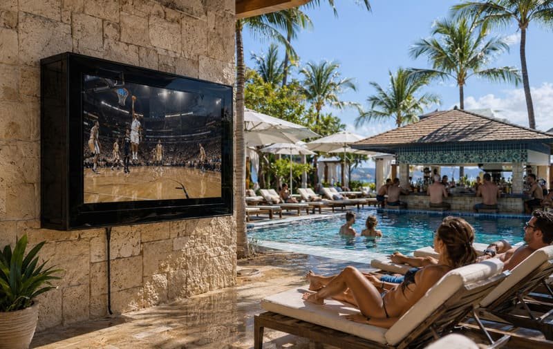 Custodia per TV esterna da 60–65 pollici installata accanto alla piscina del resort per la visione condivisa degli ospiti