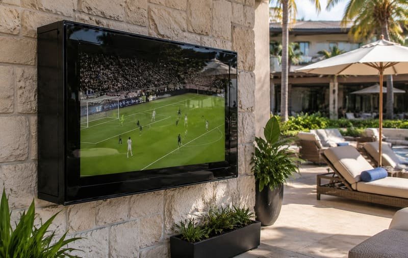 Custodia per TV da esterno in policarbonato nero da 65 pollici installata sulla parete del patio di un moderno hotel
