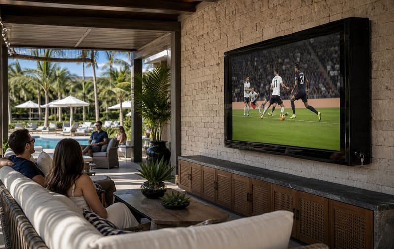 80–85 inch black polycarbonate waterproof TV enclosure installed in a commercial outdoor lounge