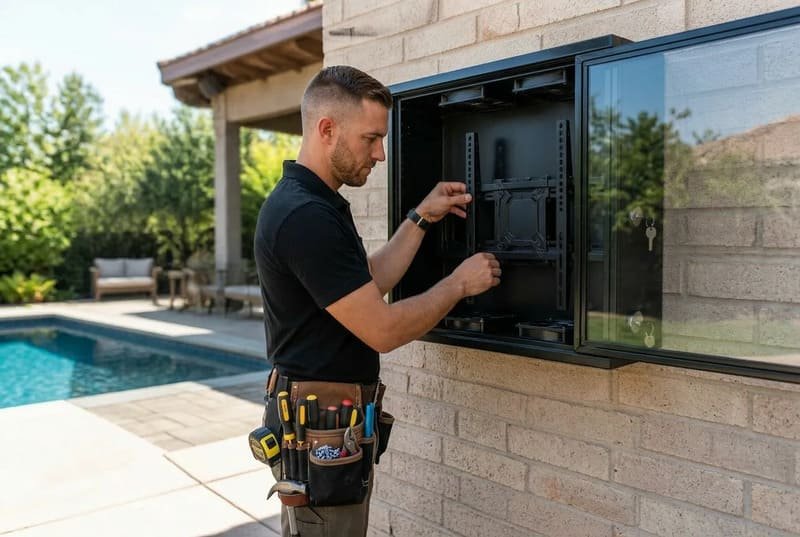 Back of a poolside TV enclosure showing VESA mount ventilation fans and cable routing before installation