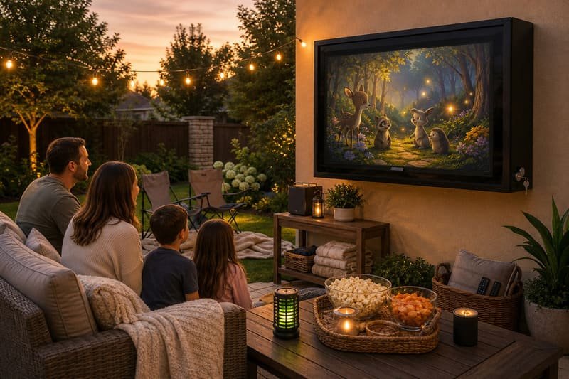Backyard movie night checklist setup with outdoor TV enclosure seating lighting sound and snacks