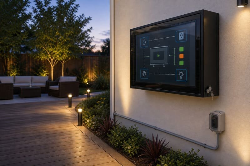 Backyard outdoor TV setup with safe cable routing path lights and protected power planning