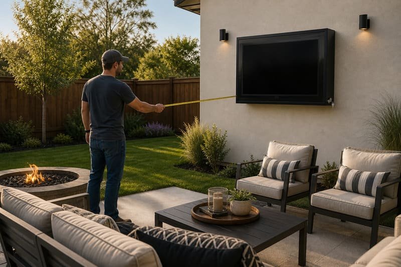 Backyard seating area showing viewing distance from outdoor sofa to a wall-mounted TV enclosure
