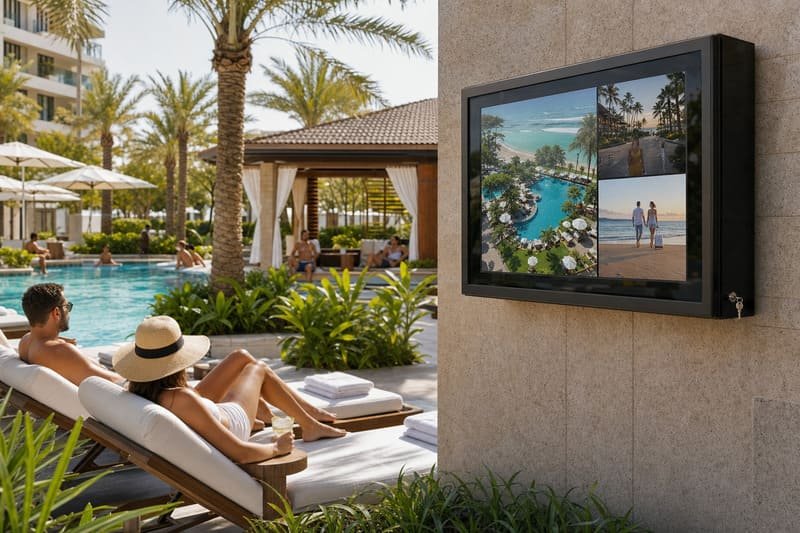 Black polycarbonate outdoor TV enclosure installed near a luxury hotel pool lounge