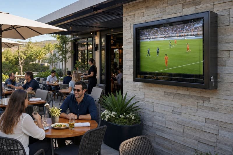 Black polycarbonate outdoor TV enclosure mounted on a modern commercial patio wall as a long-term display asset