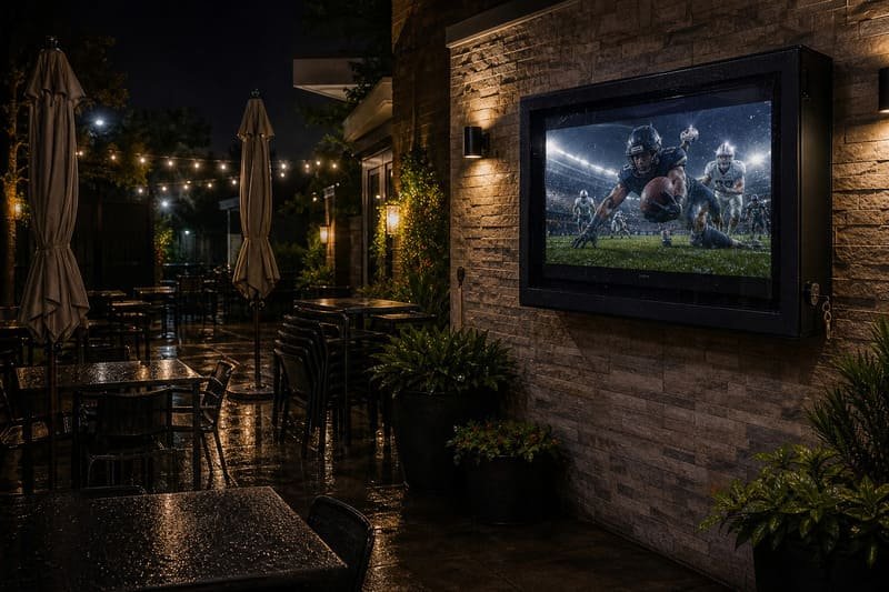 Black polycarbonate outdoor TV enclosure protecting a restaurant patio TV after closing time