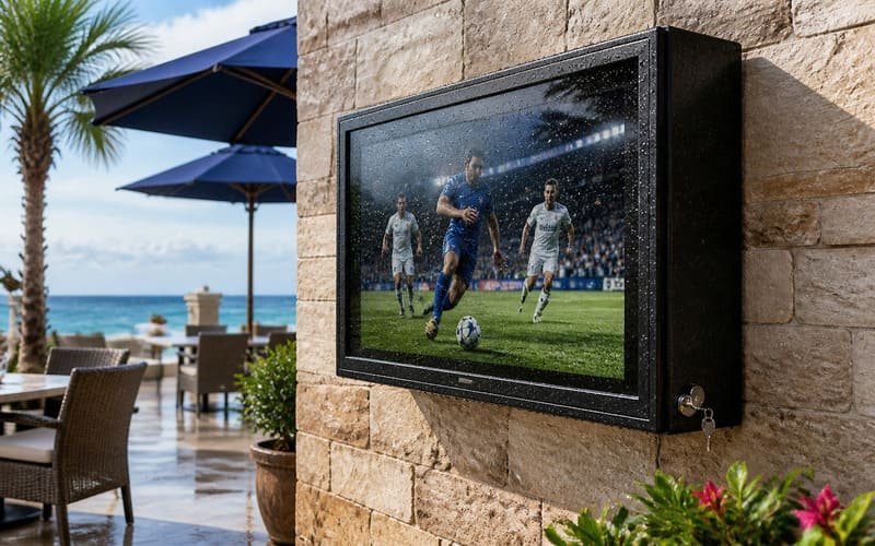 Black polycarbonate outdoor TV enclosure protecting a TV from coastal rain dust and salt air