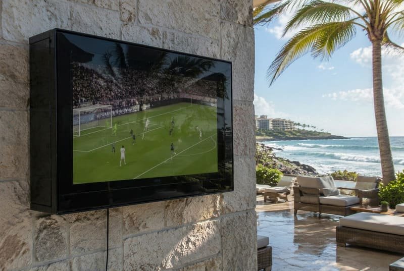 Black polycarbonate outdoor TV enclosure protecting a TV on a coastal hotel patio