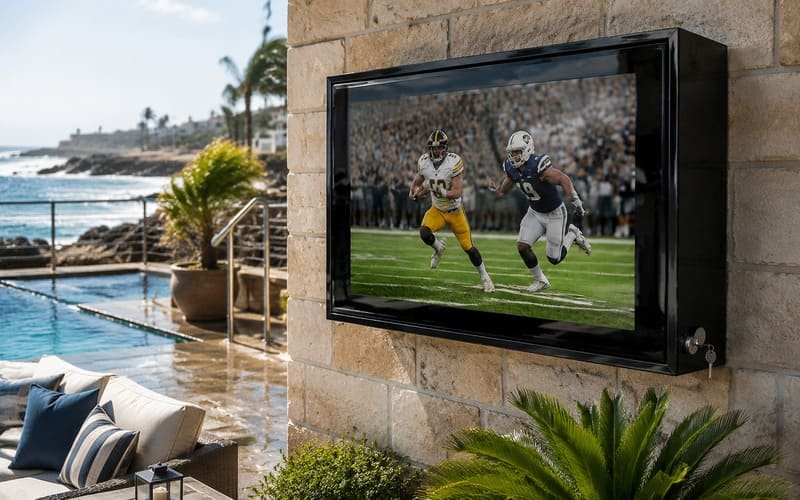 Black polycarbonate poolside TV enclosure in a coastal salt air environment