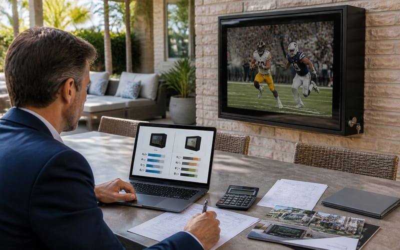 Buyer comparing total cost of ownership between an outdoor TV and an indoor TV with outdoor TV enclosure