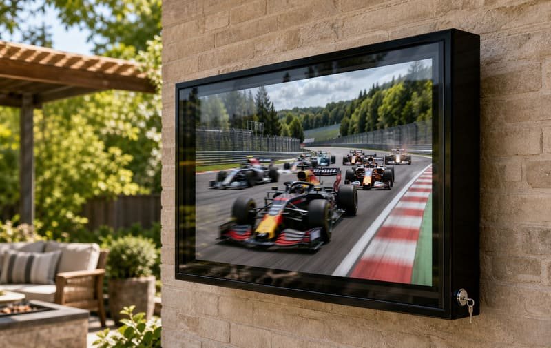 Nahaufnahme eines eleganten 55-Zoll-Außenfernsehgehäuses aus schwarzem Polycarbonat mit durchsichtiger Frontplatte an einer Hinterhofwand