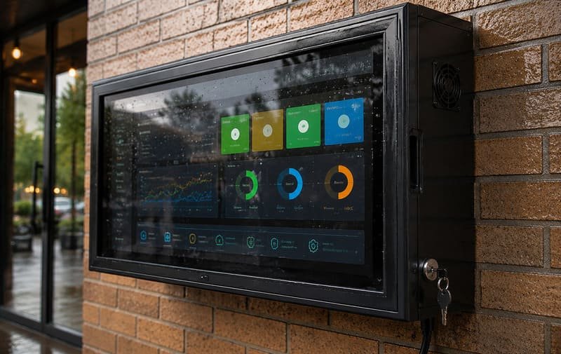 Close-up of a weatherproof outdoor TV enclosure showing gasket lock fan vents and protected cable exit