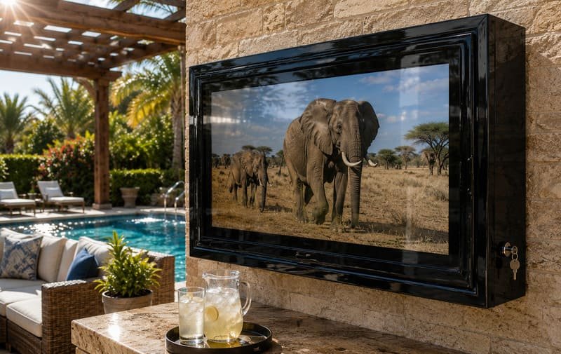 Close-up of outdoor TV screen showing heat stress from direct sunlight