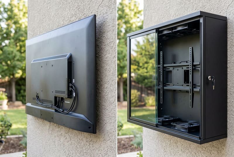 Close-up of TV VESA mount holes and cable clearance before installing in an outdoor TV enclosure