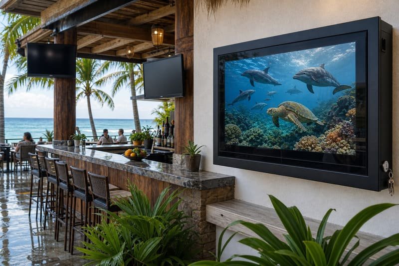 Coastal bar comparing standard TV dedicated outdoor TV and indoor TV inside a protective enclosure