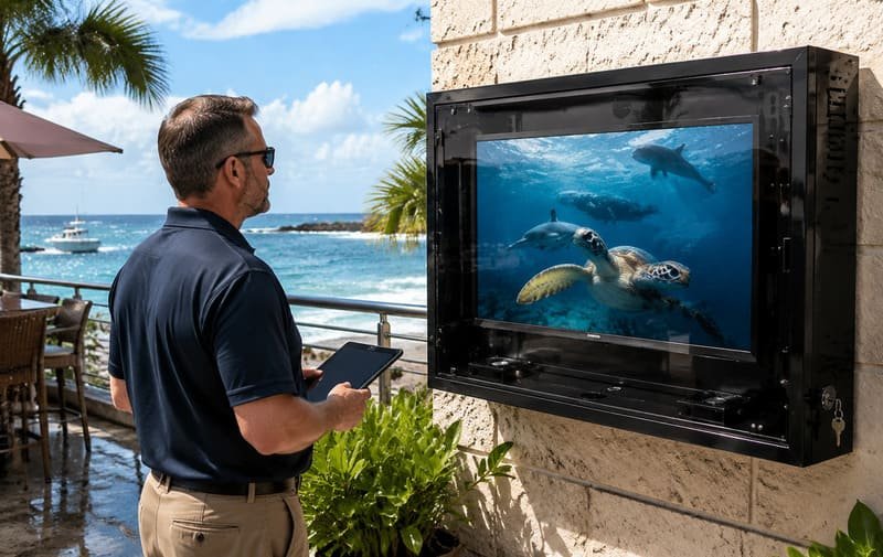 Coastal buyer inspecting a black polycarbonate outdoor TV enclosure near the sea