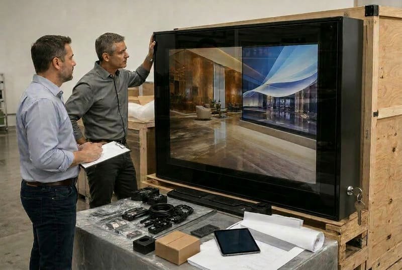 Komerční kupující kontroluje balení výkresů a servisní přístup pro objednávku vodotěsného krytu TV 80–85 palců