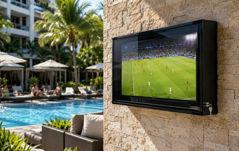 Custodia per TV commerciale da esterno con accesso bloccabile e pannello frontale resistente agli urti che protegge uno schermo nel patio di un hotel