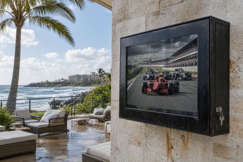 Corroded metal outdoor TV enclosure with rust streaks on a coastal wall
