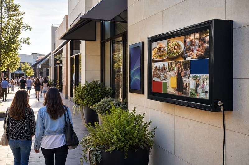 Dedicated outdoor display compared with an indoor TV protected by a weatherproof enclosure for retail signage