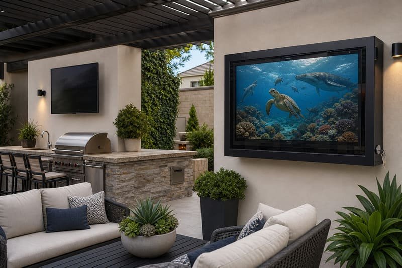 Dedicated outdoor TV compared with indoor TV protected by a black outdoor TV enclosure in a backyard outdoor kitchen