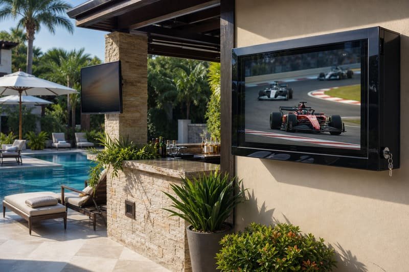 Dedicated outdoor TV compared with standard TV inside a weatherproof outdoor TV enclosure on a resort pool deck