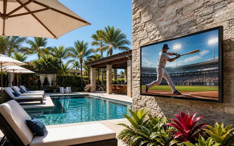 Dedicated outdoor TV installed in full sun beside a pool where brightness and anti-glare matter most