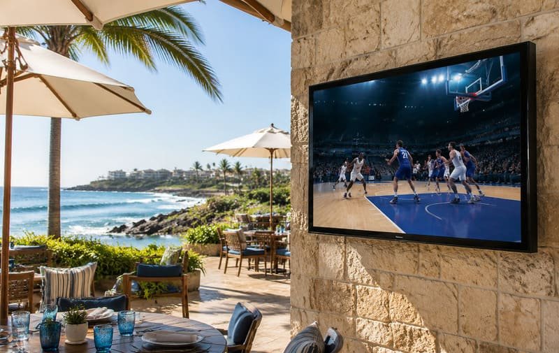 Dedicated outdoor TV mounted on a coastal patio wall for full-sun viewing
