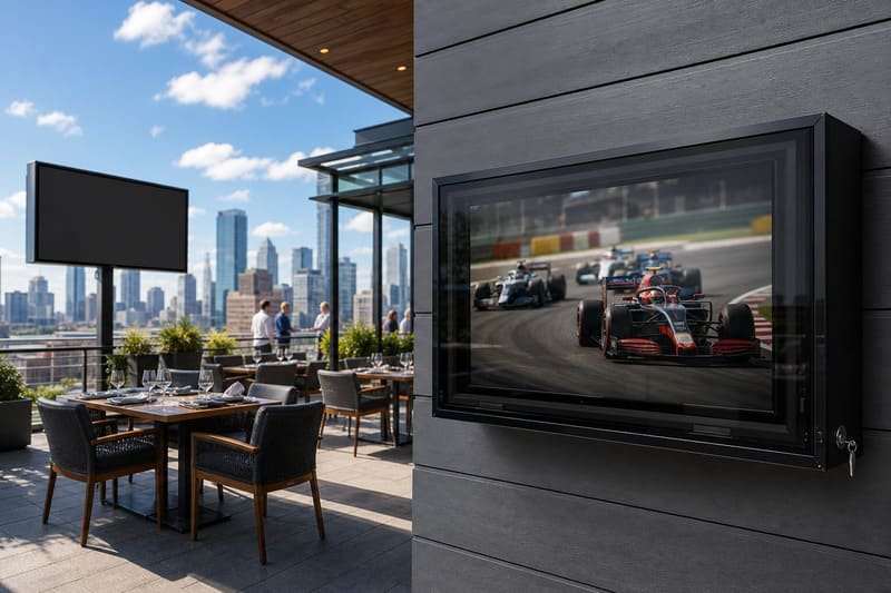 Televizor dedicat pentru exterior versus carcasă de protecție pentru restaurante, comparând ecranul emblematic în plin soare și configurația umbrită a carcasei funcționale