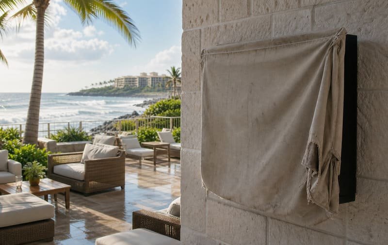 Faded fabric TV cover on a coastal patio showing poor salt-air protection