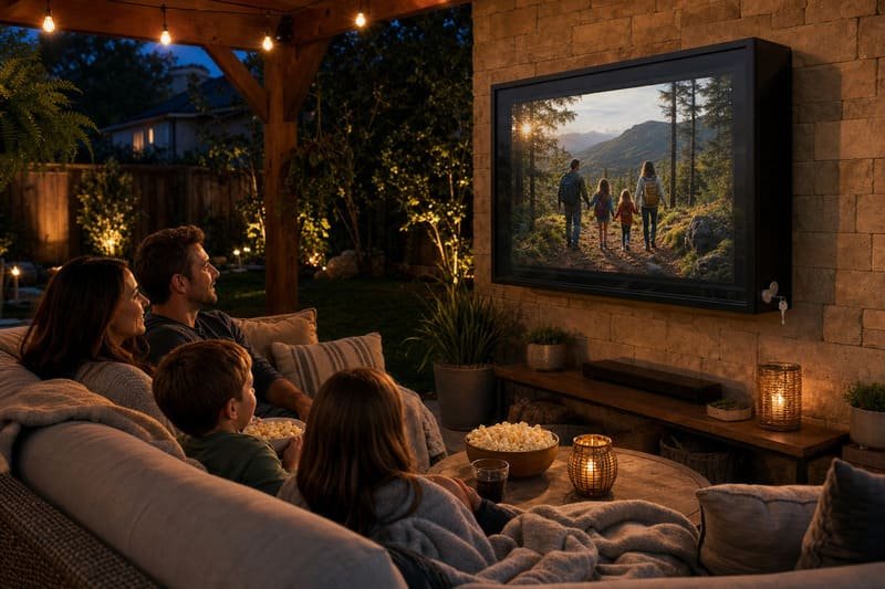 Family watching a movie on an outdoor TV inside a black polycarbonate enclosure in a backyard patio