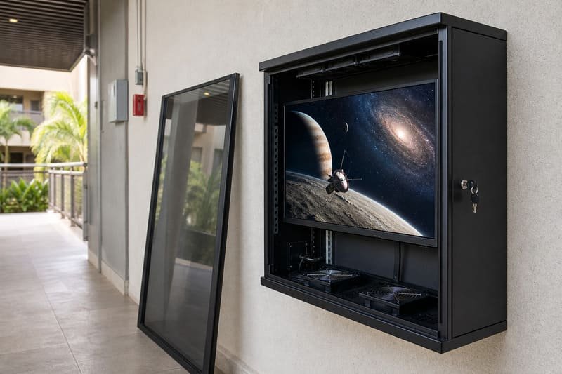 Fan-assisted airflow path inside outdoor TV enclosure for humid tropical climate